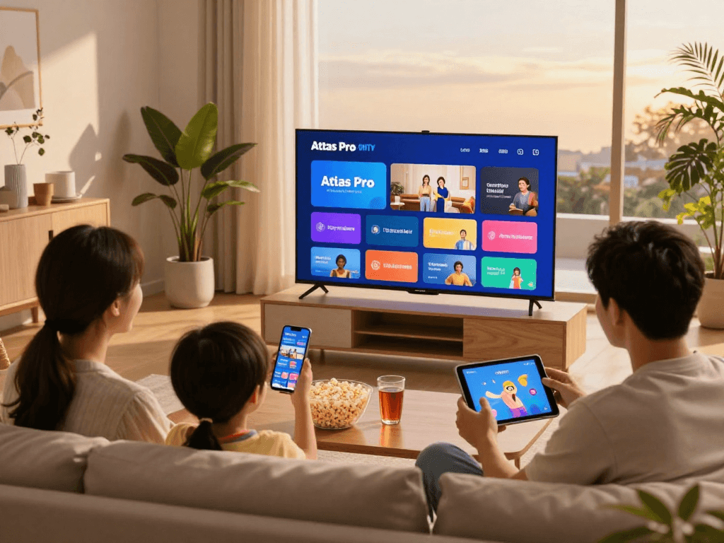 Famille profitant d'Atlas pro dans leur salon avec télévision intelligente et ambiance chaleureuse.