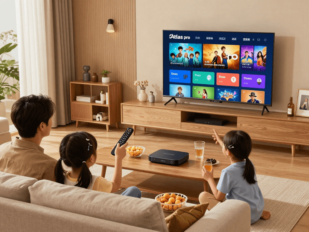 Famille utilisant l'Atlas pro ontv pour regarder leurs émissions préférées dans un salon moderne.