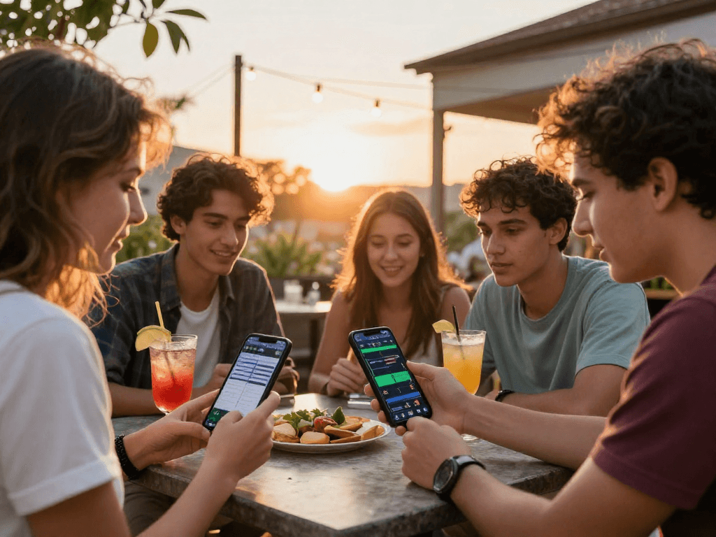 Mise sur paris sportif crypto sur mobile entre amis, ambiance festive.