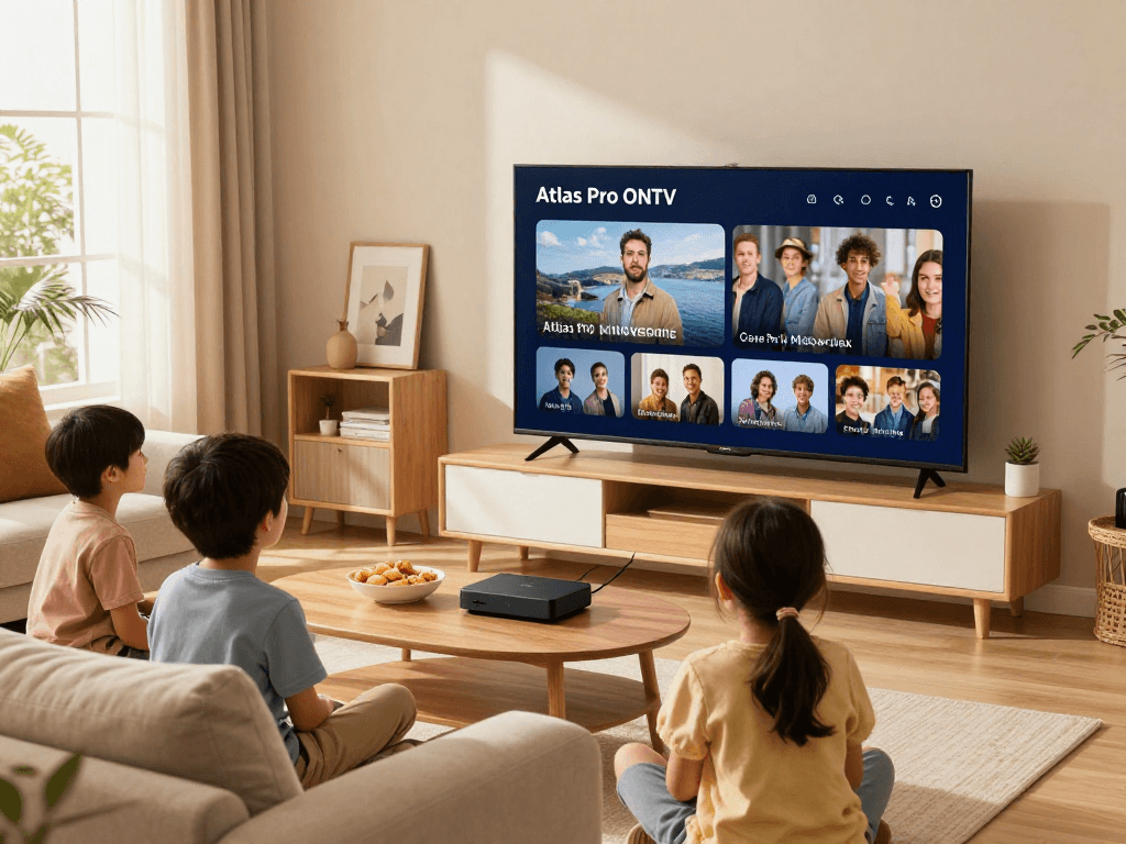 Regardez votre contenu préféré sur Atlas Pro dans un salon convivial avec une grande télévision intelligente.