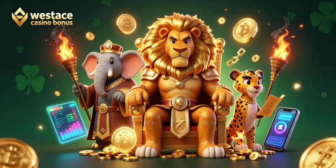 Profitez des conditions du bonus WestAce Casino avec une illustration captivante des personnages royaux et des éléments de jeu.
