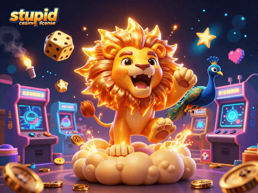 Venez découvrir la licence stupide casino avec des éléments de jeu sur une illustration dynamique.