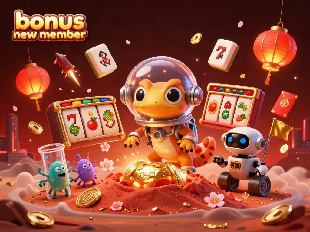 Engage with the thrilling experience of a bonus new member at a Martian casino, with vibrant 3D elements.