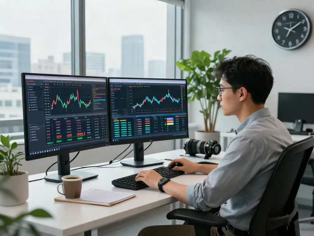 Vue d'une plateforme de trading moderne sur la-couponeau.com avec un trader concentré analysant des données du marché.