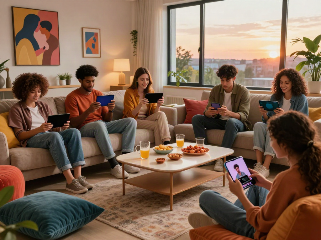 Dynamic NSFW AI chat experience among friends in cozy living room setting.