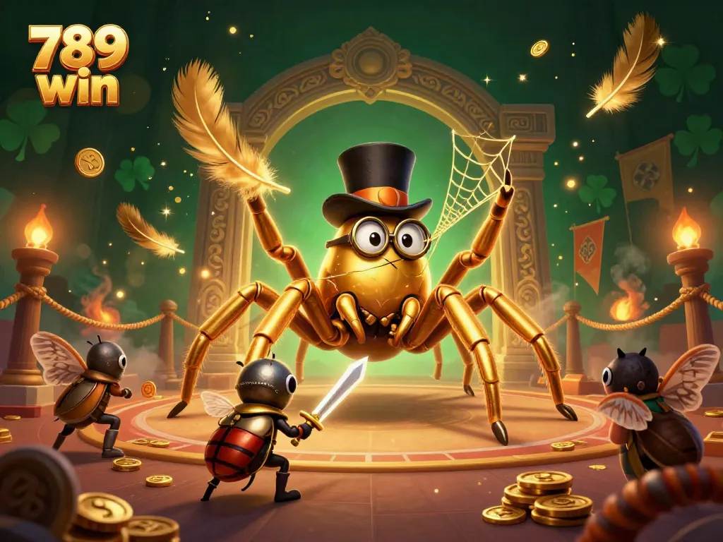 Participate in the thrilling games of 789 win, with golden tarantula and beetle knight in a vibrant casino scene.