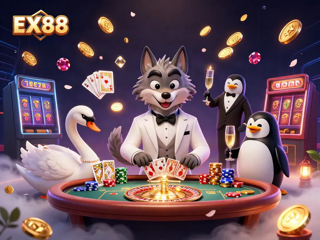 Engage with EX 88's vibrant casino scene featuring cartoon characters, lavish games, and eye-catching details.