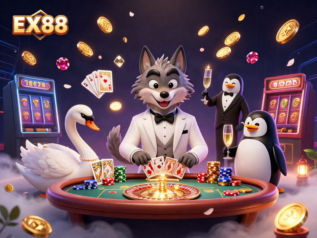 Engage with EX 88's vibrant casino scene featuring cartoon characters, lavish games, and eye-catching details.