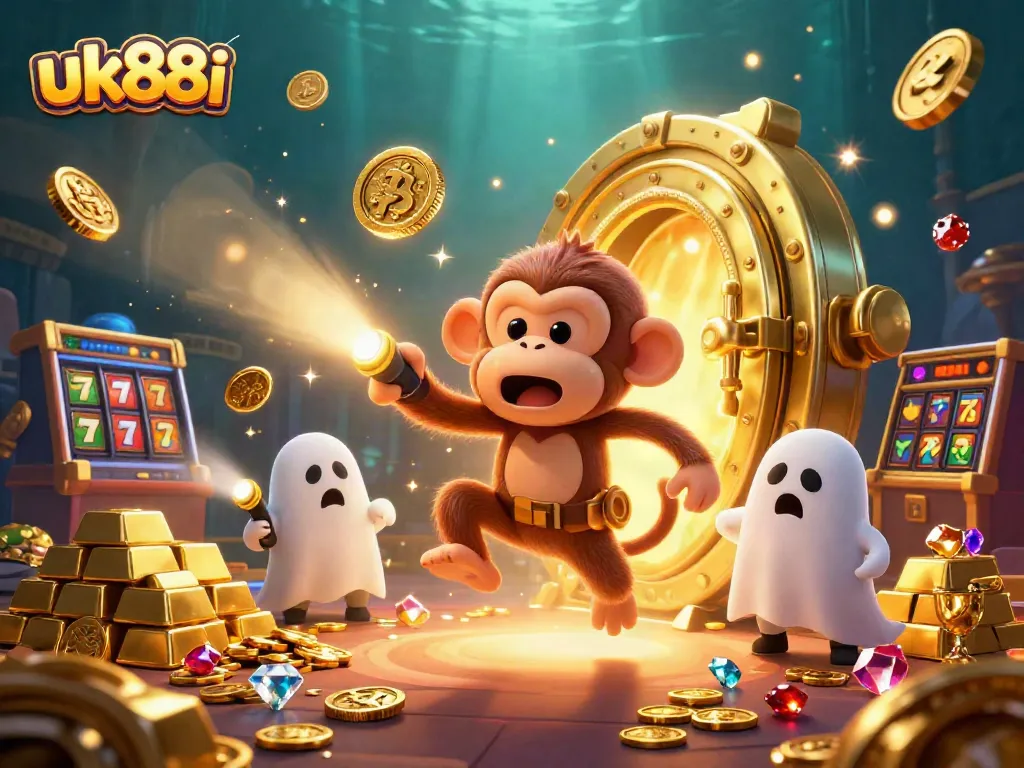 Engage with uk88i's thrilling slot action as a poltergeist monkey juggles coins in a haunted casino.