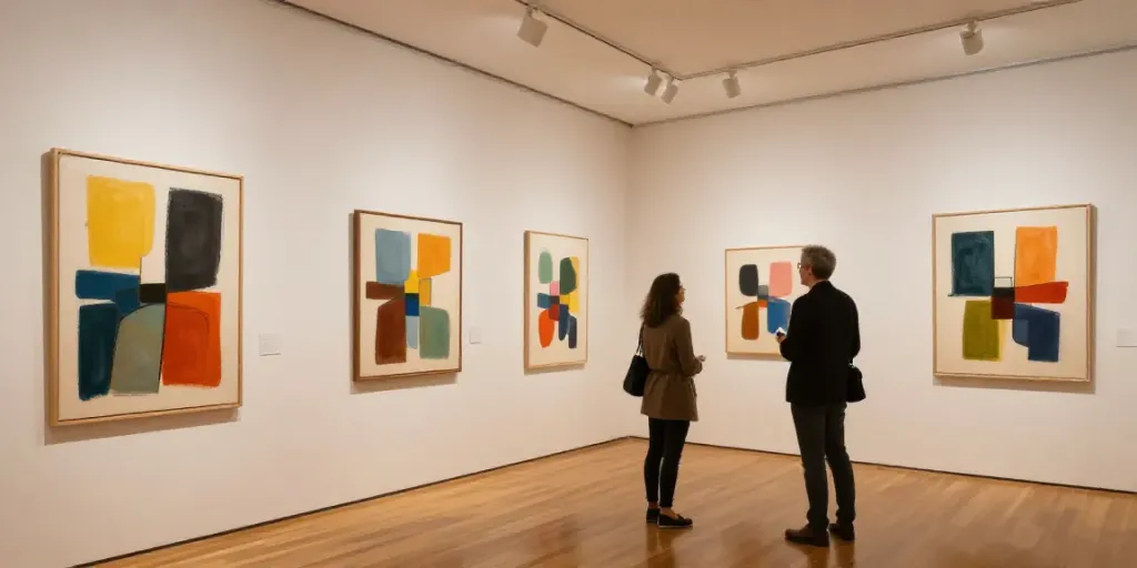 Œuvres d'art abstrait contemporain dans une galerie locale, rendant hommage aux artistes, atmosphère de confiance.