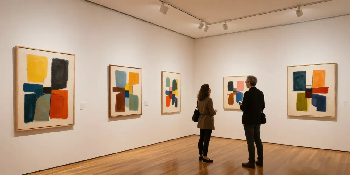 Œuvres d'art abstrait contemporain dans une galerie locale, rendant hommage aux artistes, atmosphère de confiance.
