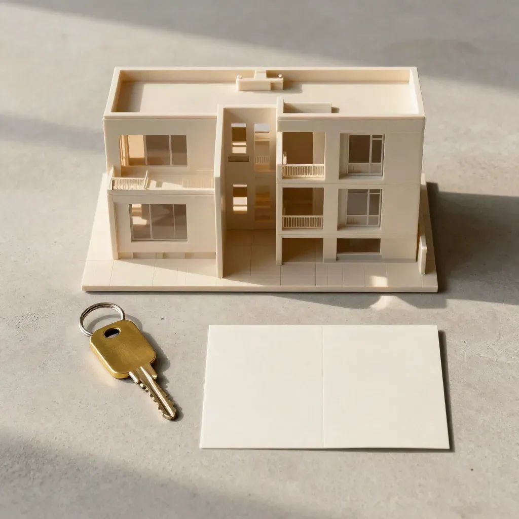 Maquette T3 d’appartement sur béton, modules crème, terrasse et porte-clés doré