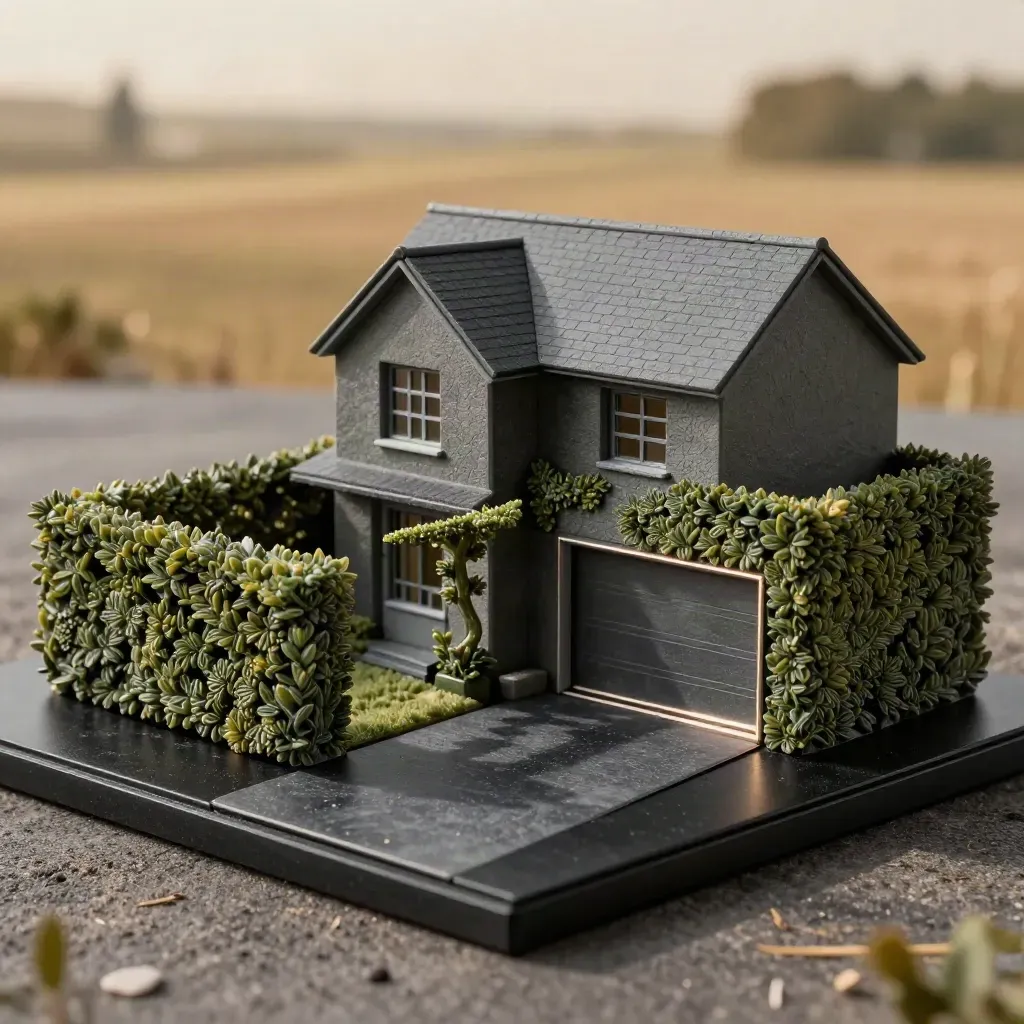 Maquette de maison familiale à Procé avec haie, allée et garage, éclairage dramatique.