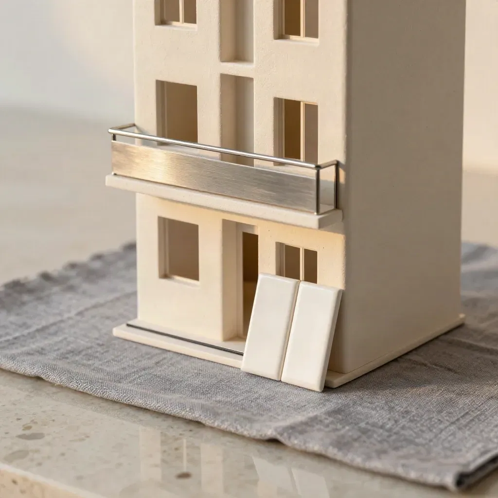 Maquette d’appartement T2 de Graslin avec balcon, rail de tram et carreaux clairs.