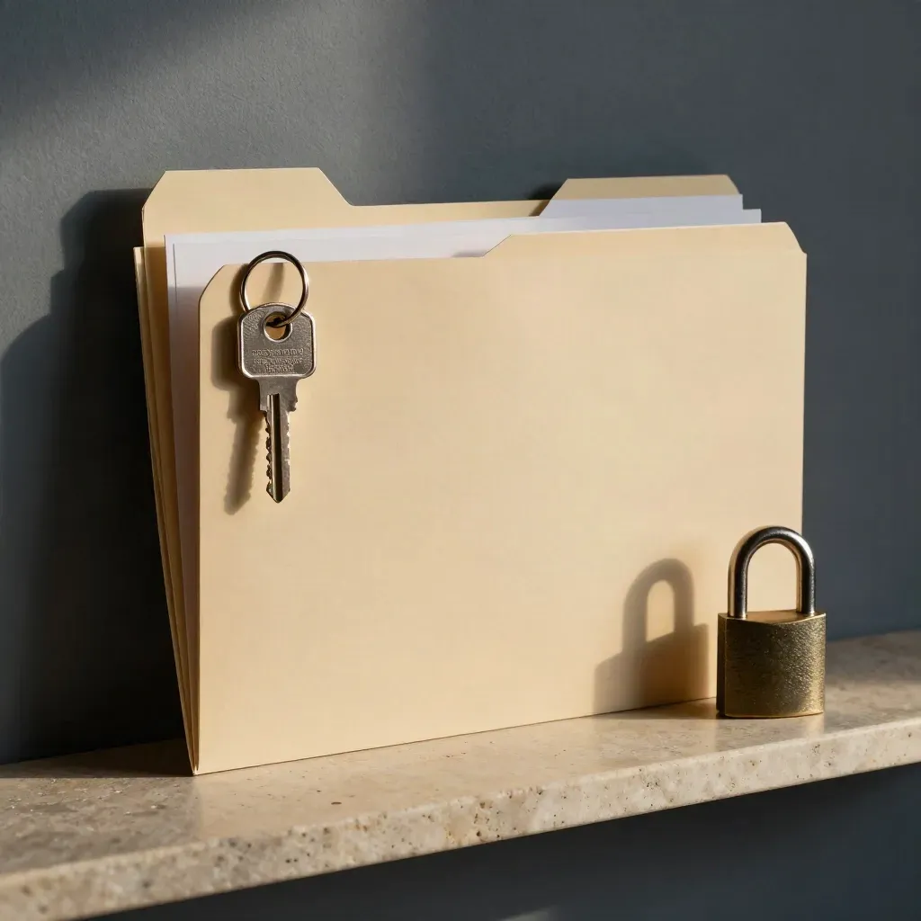 Gros plan d’un dossier locatif avec clés, enveloppes et cadenas mat sur une tablette pierre.