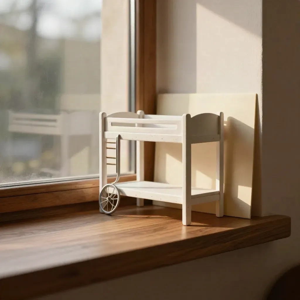 Maquette d’un studio étudiant avec roue de vélo et pylône de métro, lumière douce.
