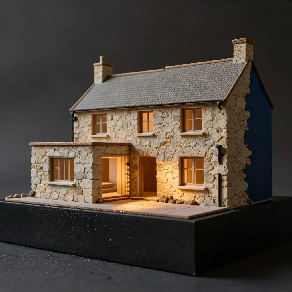 Maquette de maison rénovée à Chantenay sur socle noir, lumière dramatique et reflet humide.