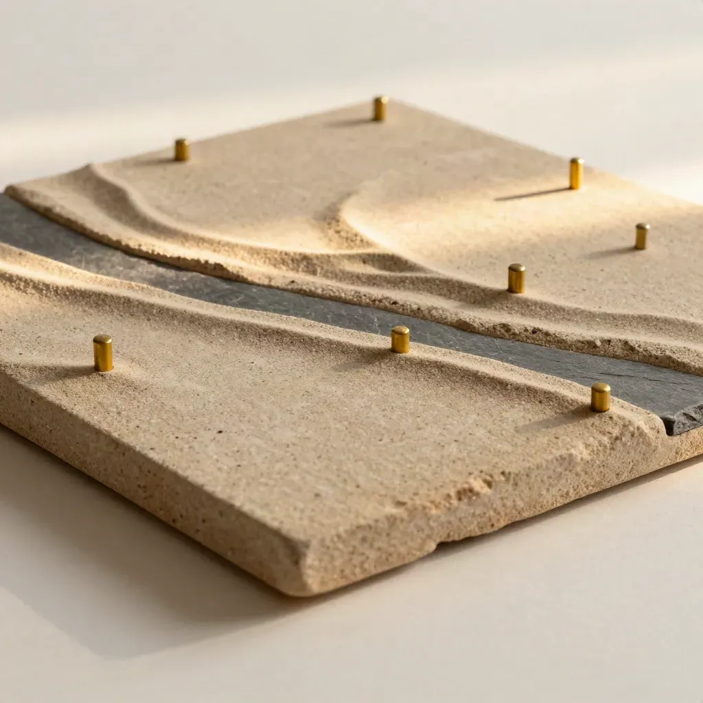Macro d’une maquette de terrain en sable et pierre avec piquets laiton et lumière rasante.