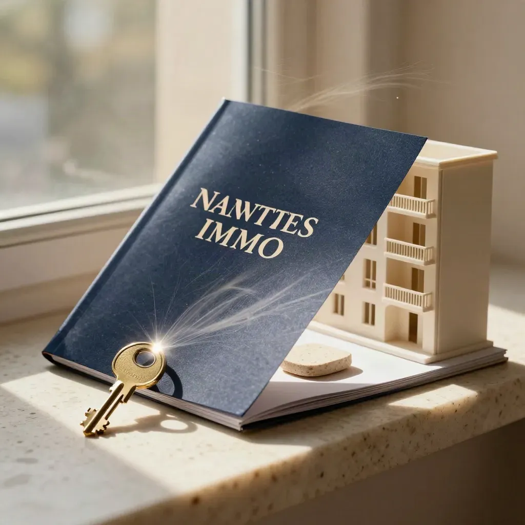 Kit vente rapide avec folio bleu nuit, clé en laiton et maquette de façade sur travertin