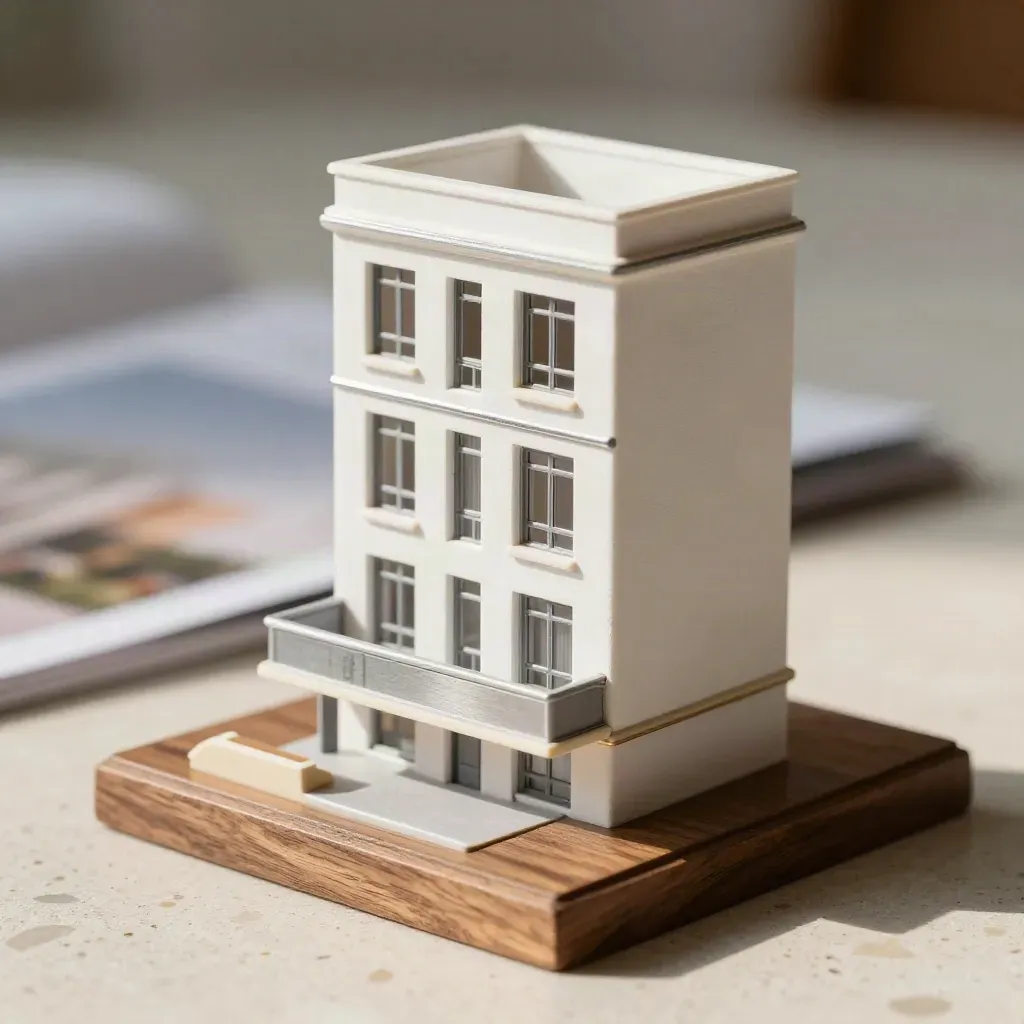 Maquette d’appartement T3 avec balcon, deux baies vitrées et marqueur de tram, style premium.