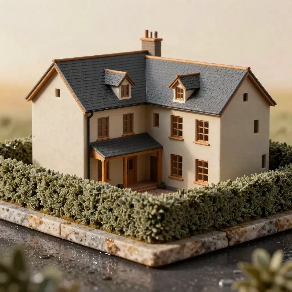 Maquette de maison à Orvault, vue ras du sol, toits et jardin humide en lumière douce.