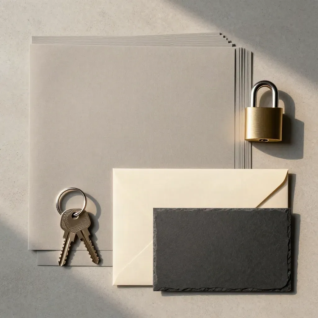 Kit de gestion locative vu du dessus, dossiers, clés, cadenas et enveloppes sur béton clair.