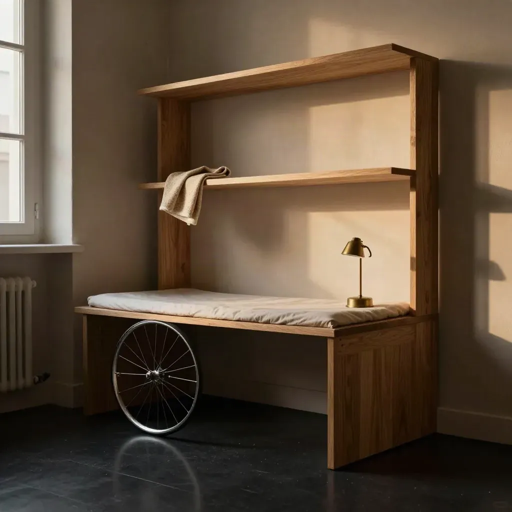 Maquette d’un studio meublé à Nantes Nord, lit compact, bureau et roue de vélo, lumière dramatique.
