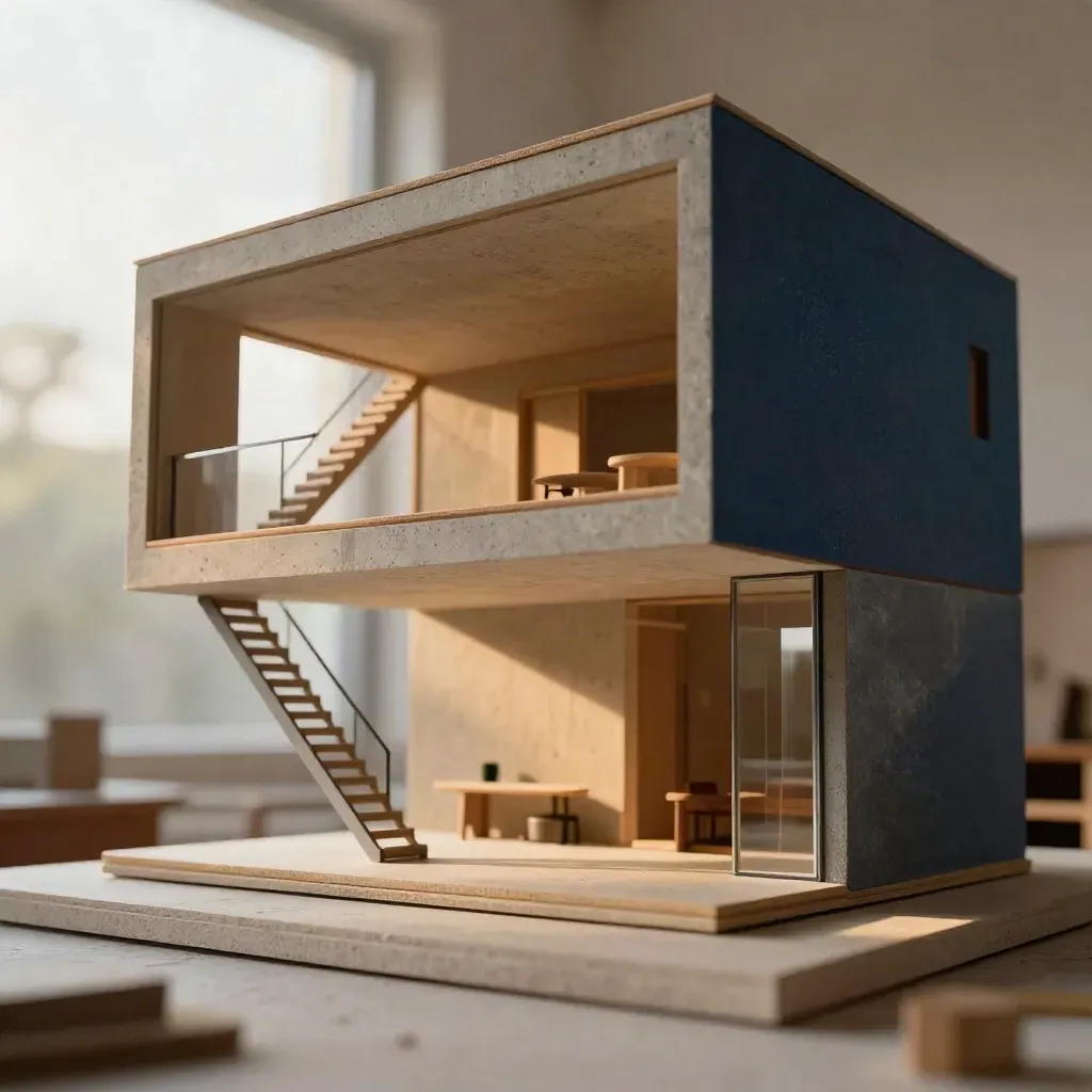 Maquette de loft à Île de Nantes, vue basse sur mezzanine et escalier, lumière douce.