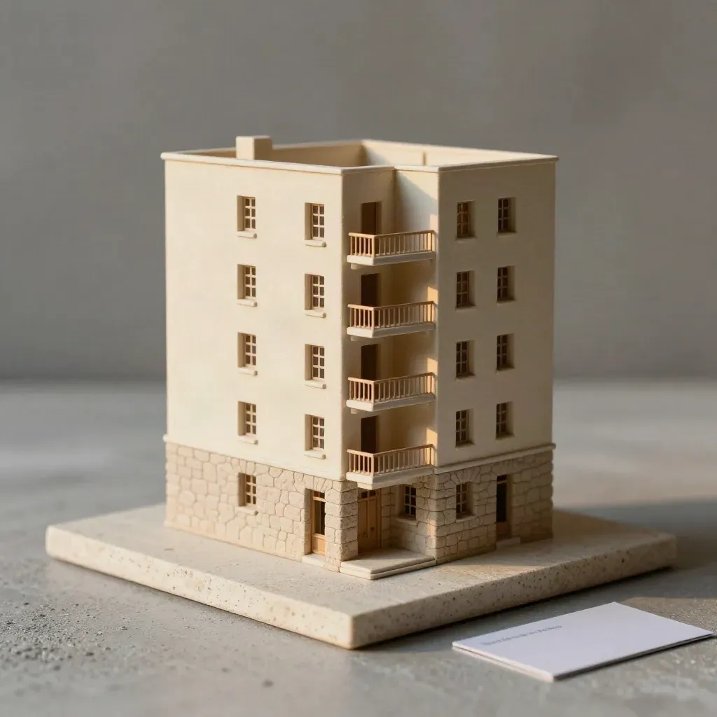 Maquette d’appartement T4 à Canclaux, avec balcon, fenêtres d’angle et base en pierre.