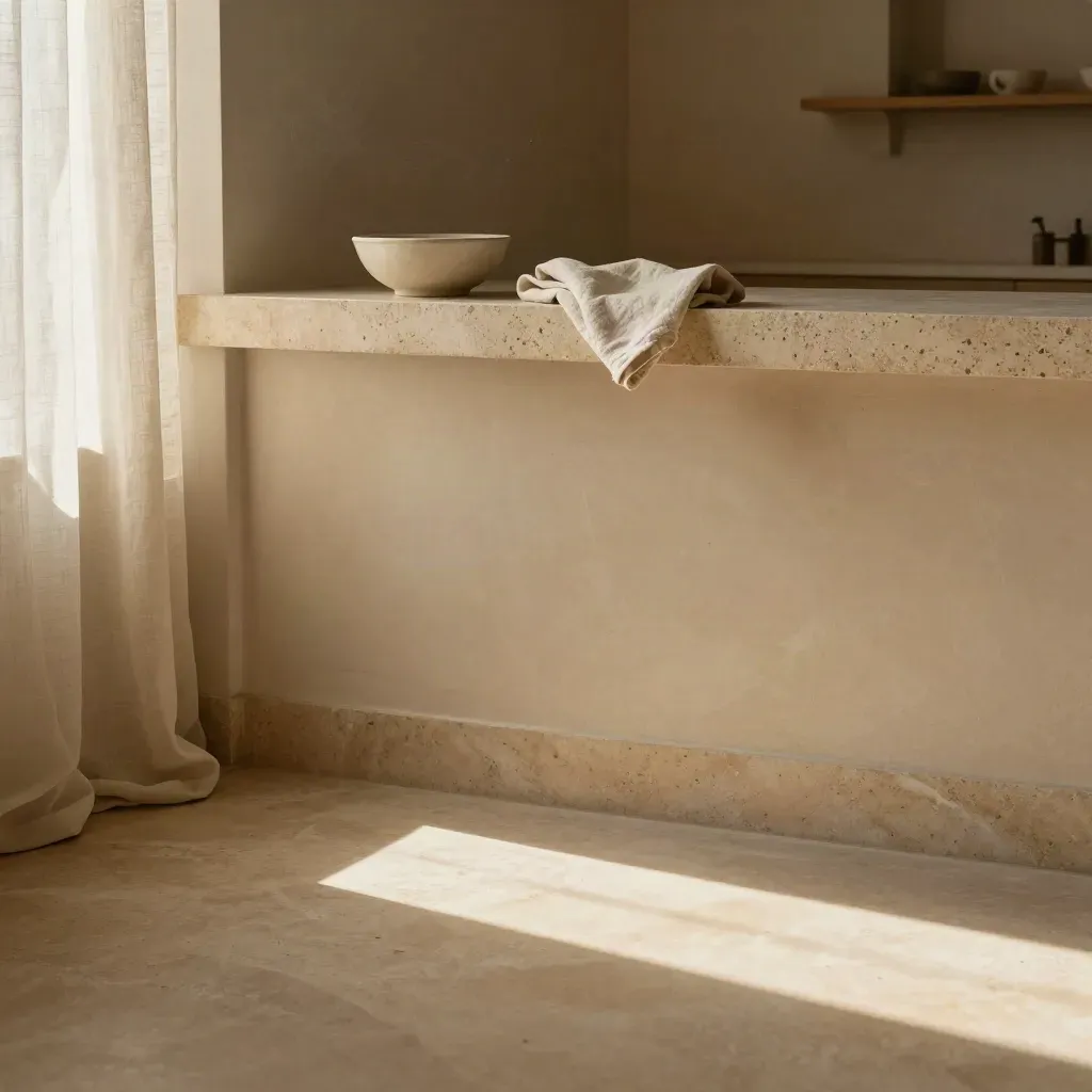 Intérieur d’appartement en pierre baigné de lumière, avec rideau en lin et espace vide pour le texte.