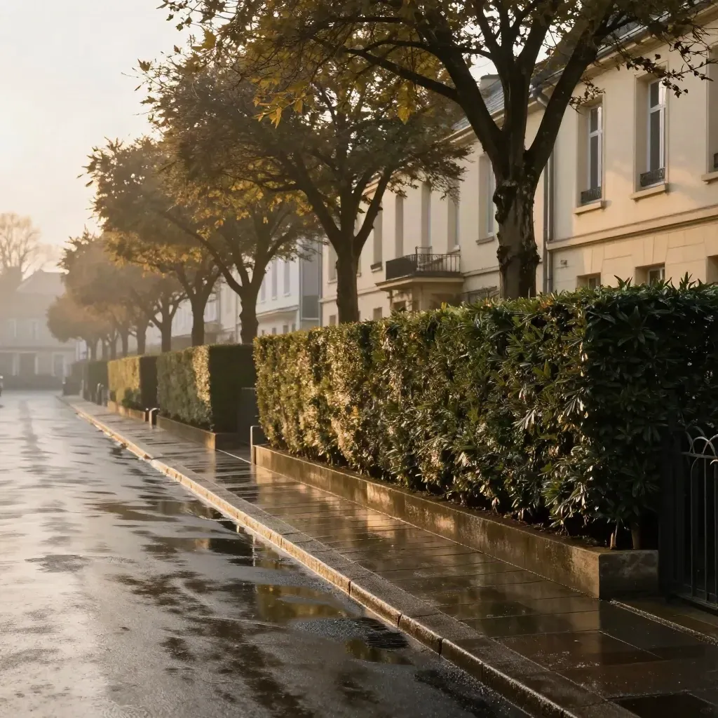 Rue résidentielle nantaise après la pluie, haies taillées et façades crème sous une lumière dorée.