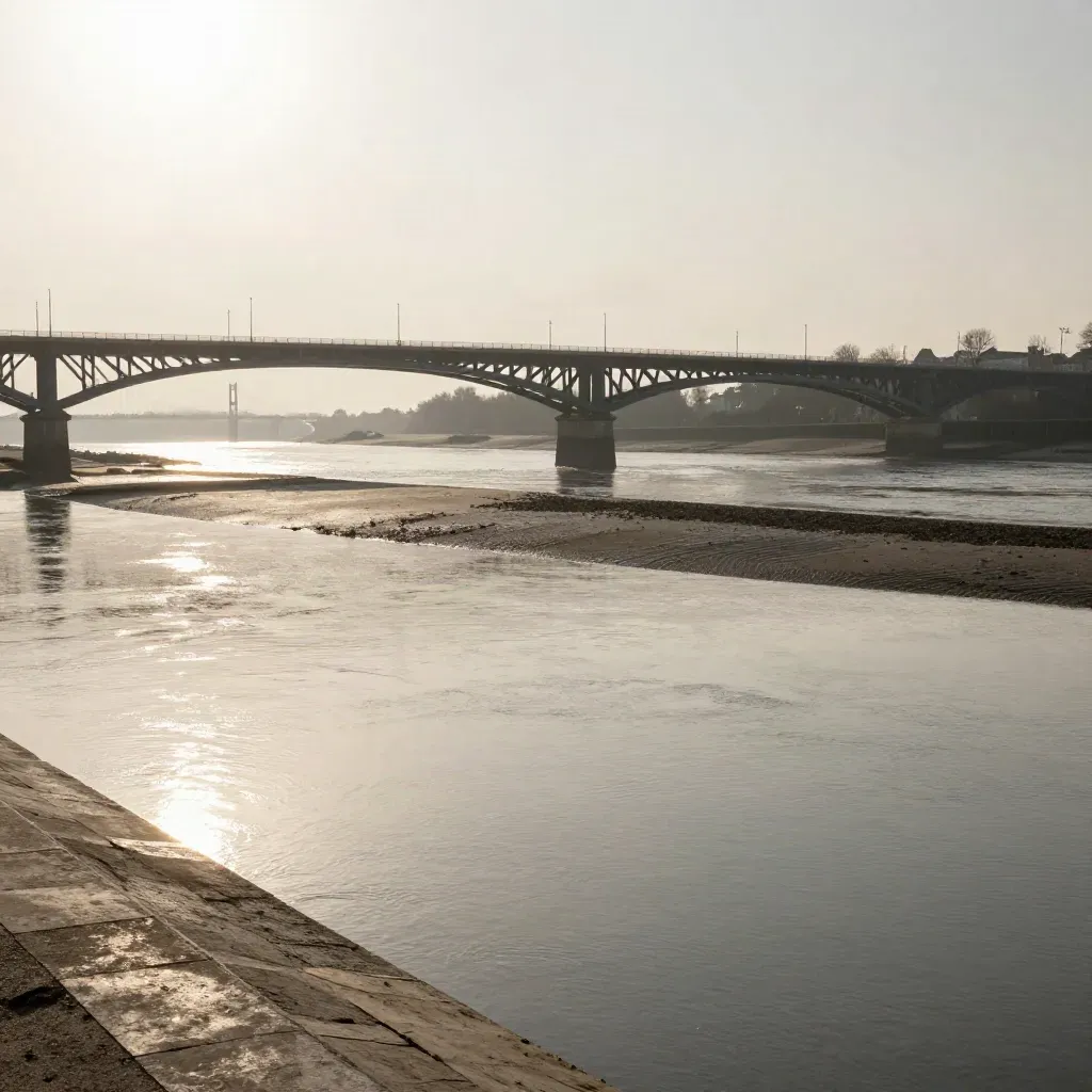 Vue lumineuse de l’Île de Nantes avec pont métallique et eau brillante.