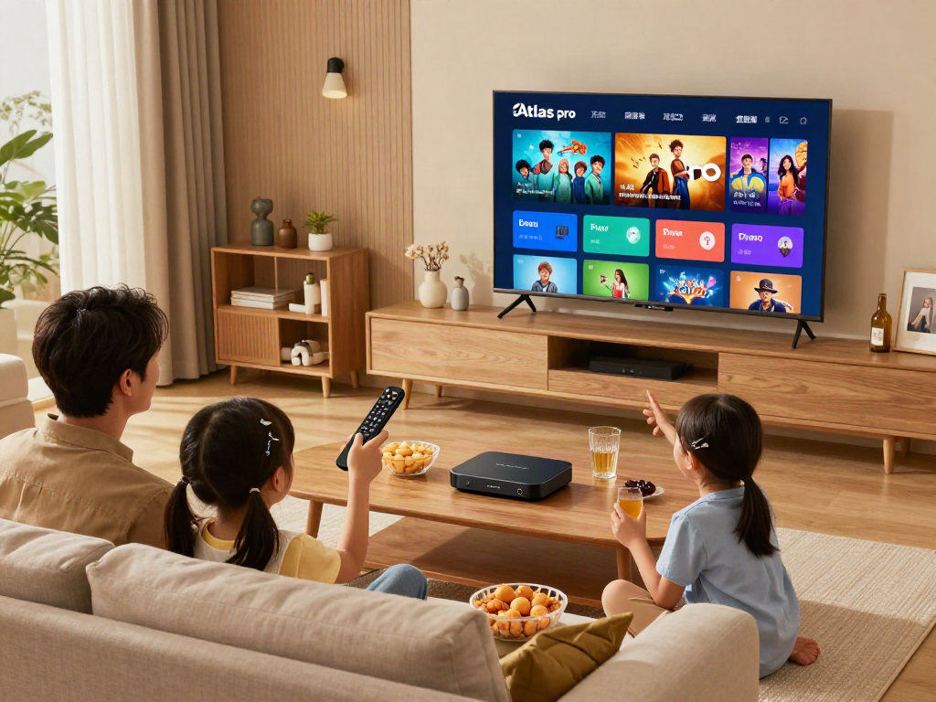 Famille utilisant l'Atlas pro ontv pour regarder leurs émissions préférées dans un salon moderne.
