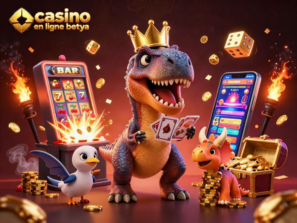 Experience thrilling games at casino en ligne betya with T-Rex and friends in a vibrant 3D illustration.