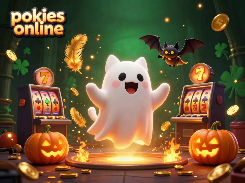 Engaging scene of pokies online featuring a ghost cat and vibrant casino elements.