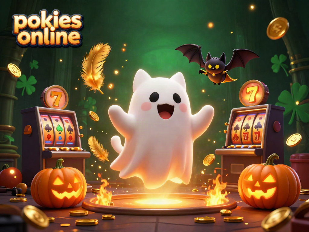 Engaging scene of pokies online featuring a ghost cat and vibrant casino elements.