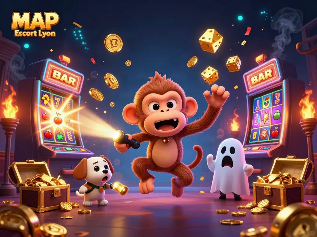 Experience the thrill with MAP Escort Lyon's dynamic casino scene featuring golden objects and playful elements.