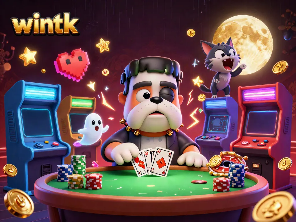 WinTK casino scene with Frankenstein bulldog monster dealing cards amidst neon arcade elements.