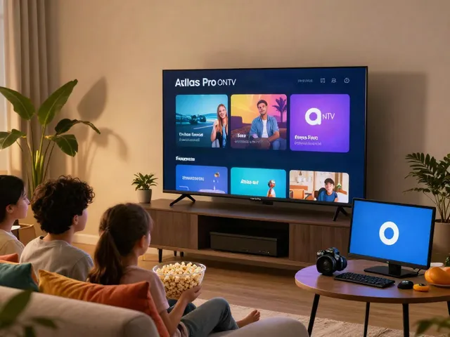 Famille profitant de l'application Atlas Pro ONTV dans un salon confortable.