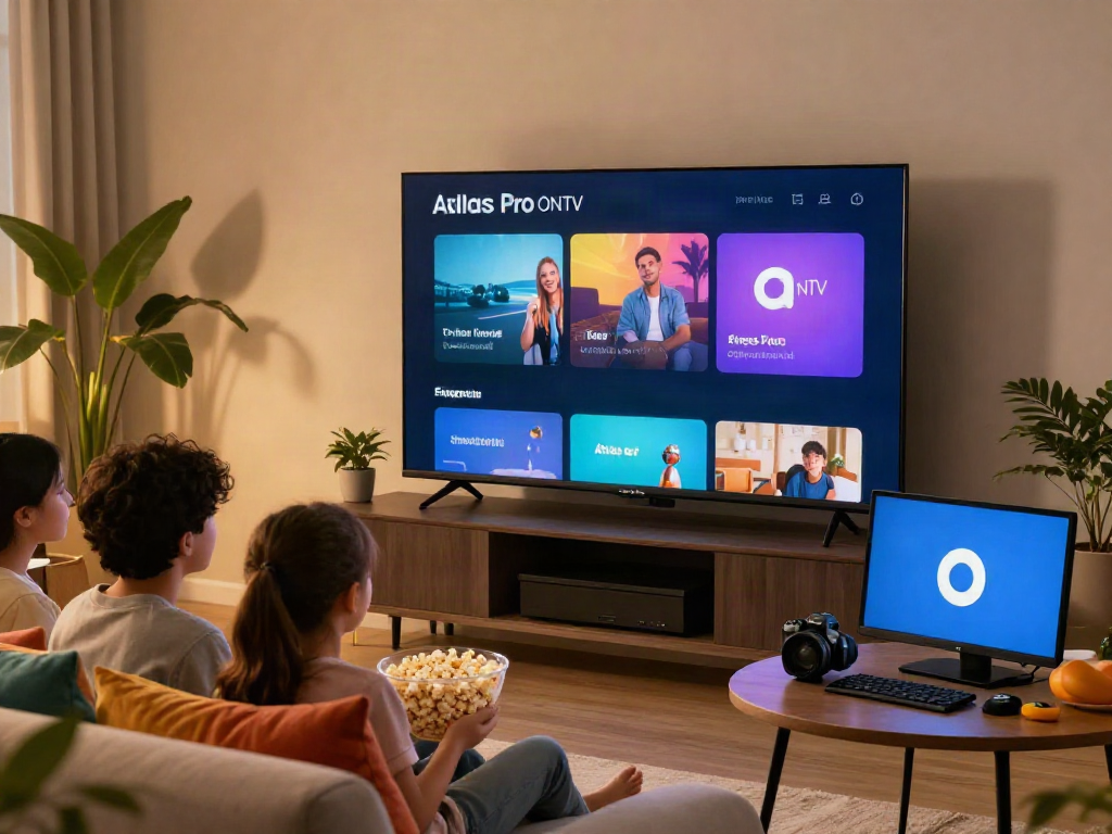 Famille profitant de l'application Atlas Pro ONTV dans un salon confortable.