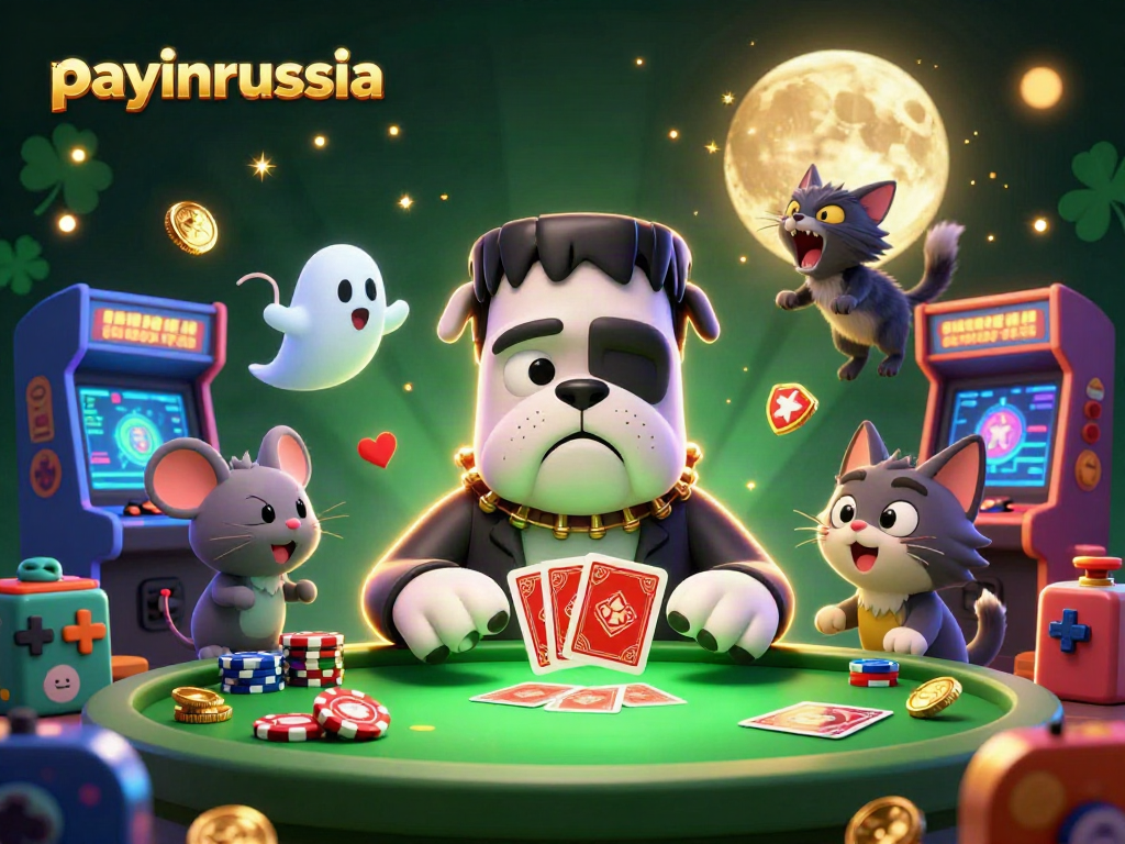 Payer avec payinrussia dans un casino animé avec des éléments ludiques et mystiques.
