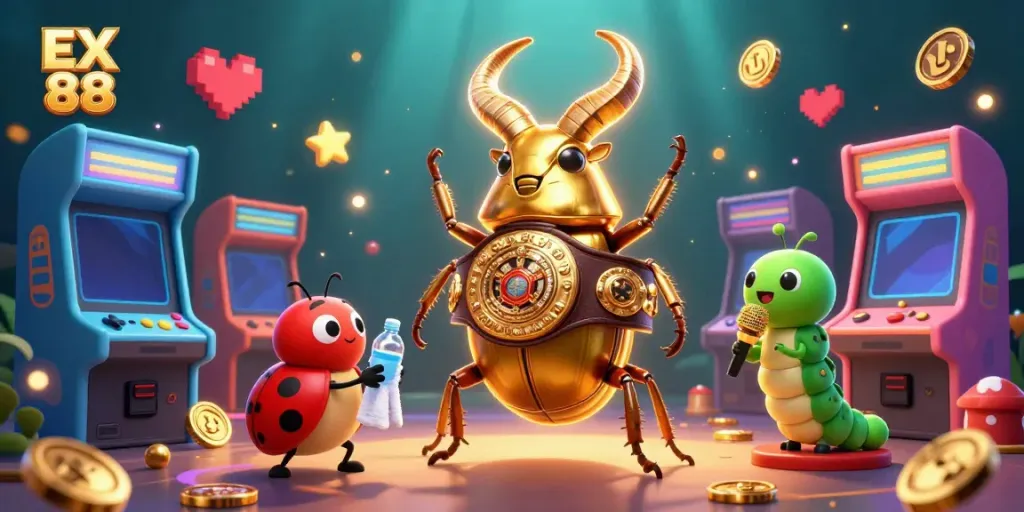 Engage in fun with EX 88 in vibrant 3D casino adventure featuring colorful characters.